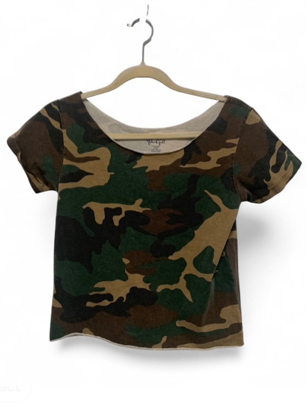 John Galt Brandy Melville Green Brown Camo Cut Off Neckline Short Sleeve Tee